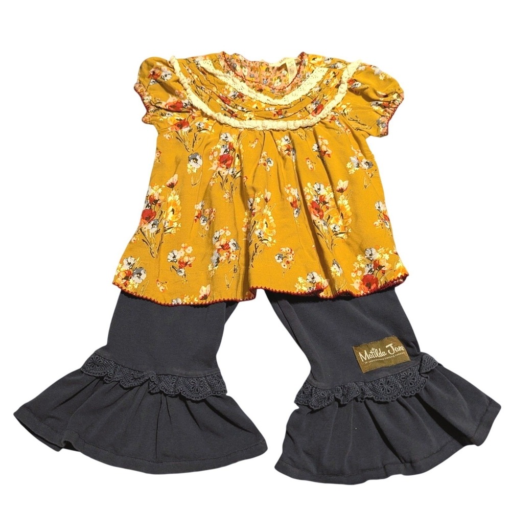 Matilda Jane 2T Heart to Heart Discovery Gardens Floral Blouse Big Ruffle Pants